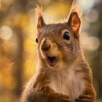 Squirrel in forest, cute fluffy rodent with bushy tail. Wildlife in natural setting, small mammal photo