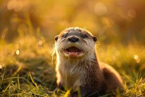 Playful otter in river, curious small mammal in natural setting. Closeup portrait of otter, photo