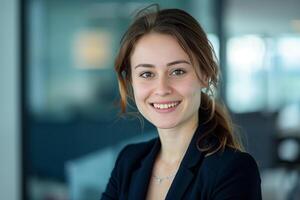 Confident businesswoman in office, professional elegance. Portrait of successful lady, smiling, in photo