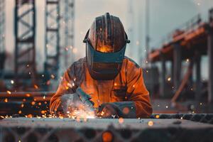 Welder in factory, working with sparks flying, welding metal. Man in mask, using heavy machinery, photo