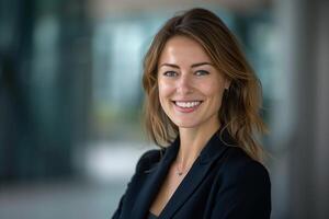 Confident CEO in office, leading with smile, success evident. Professional businesswoman, smart in photo