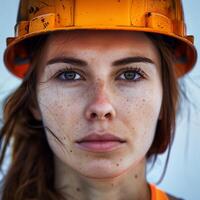 Young female construction worker in orange helmet, holding tool. Attractive Caucasian engineer in photo