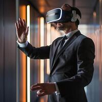 Man engages in VR simulation, technology for virtual reality, digital device enhances entertainment. photo