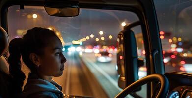 Woman driving car truck at night, city lights reflecting on window. Young female driver on road trip photo