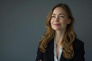 Successful young businesswoman, smiling portrait in studio. Happy, confident, attractive photo