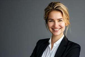 happy businesswoman with a cheerful grin, gray studio background photo