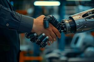 Futuristic technology and business partnership handshake concept with digital elements photo