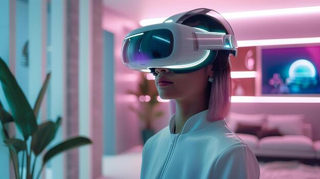 Futuristic VR technology, virtual reality glass in modern innovation for future tech. photo