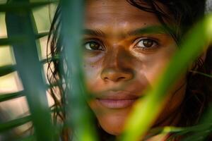 Portrait of beautiful young woman surrounded by lush green tropical leaves photo