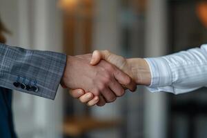 A successful partnership handshake between a businessman and his colleague in a corporate office, photo