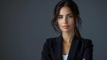 Confident young businesswoman in suit, portrait in studio. Happy, successful professional, elegant photo