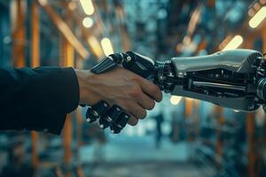Future technology and business partnership handshake concept with robotic elements photo