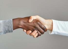 Handshake, multiracial business unity. Caucasian and Black professionals in agreement, embodying photo