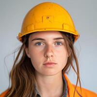 Professional female engineer in helmet, managing construction site. Young Caucasian architect, photo