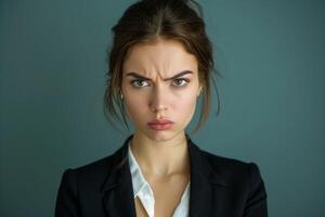 Unhappy young woman, stressed, sad expression. Portrait of lady facing problems, alone, upset. photo