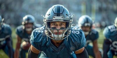 American football player in a gray helmet and a green uniform stands at the ready to play the ball photo