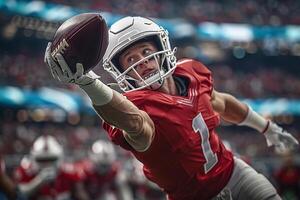 American football player in a white helmet and red uniform tries to reach the ball in a beautiful jump. The game moment photo