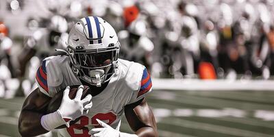 American football player in a white helmet with glass and uniform runs with a ball in his right hand during a match. Copy space photo