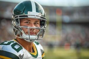 American football player in a green helmet and white uniform stands and smiles against the background of the stands. Copy space photo