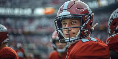 The American football player looks to the left and smiles. Teammates and stands in the background photo