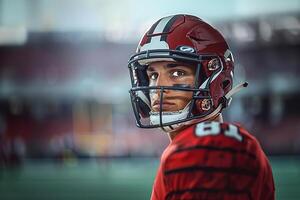 un americano fútbol americano jugador en un rojo casco y uniforme soportes oblicuo, torneado su cabeza a el izquierda. Copiar espacio foto