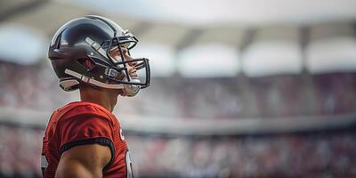 American football player in a black helmet and red uniform. He stands sideways and looks up. On the background of the arena grandstand. Copy space photo