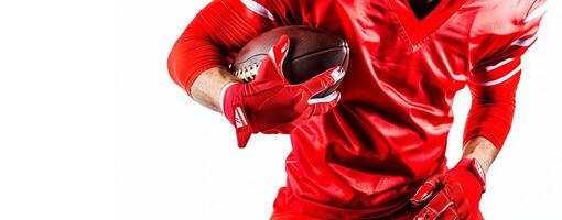 en el marco, el torso y brazos de un americano fútbol americano jugador en un rojo uniforme en un blanco antecedentes. sitio para el texto en el izquierda foto