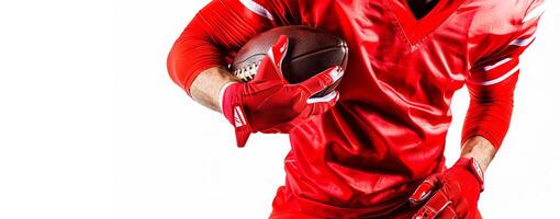 In the frame, the torso and arms of an American football player in a red uniform on a white background. Place for the text on the left photo