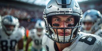 American football player in a gray helmet and white uniform during a football match next to his team in the background. Copy space photo