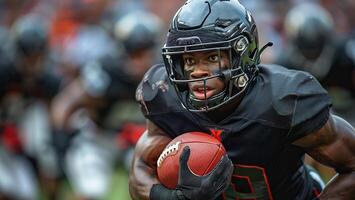 An American football player in a black uniform runs with a ball in his right hand during a match. Place for the text on the left photo