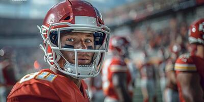 American football player in a red helmet and uniform during a match against the background of the stands and teammates. Copy space photo