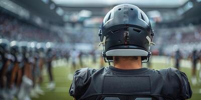 American football player in a black helmet and uniform stands with his back turned. To the football field, stands and teammates. Copy space photo