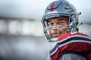 American football player in a gray helmet and red uniform stands smiling and looks to the left. Copy space photo