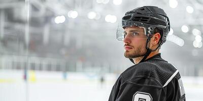 A hockey player in a black helmet and jersey stands sideways. Hockey arena in the background. Copy space photo