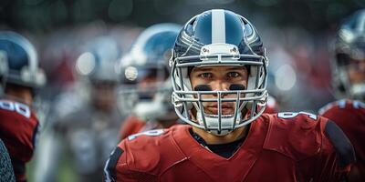 American football player in a black helmet and red uniform at a match next to the players of his team. Copy space photo