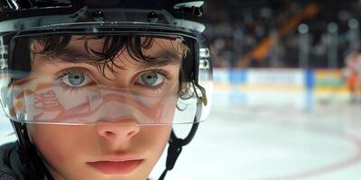 el cara de un joven hockey jugador en un negro casco de cerca en el Derecha lado de el marco foto