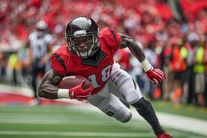 American football player in a black helmet and red uniform holds a ball in his hand and runs at high speed on a curve. Football match photo