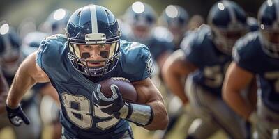 American football player runs with the ball in his left hand during a match. In the background, the players of their team are running behind their backs. Copy space photo