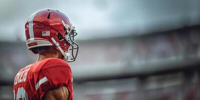 American football player in a red helmet and uniform stands with his back. On the background of a grandstand with fans. Copy space photo