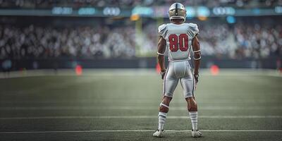 A full-length American football player stands with his back on the football field. On the background of the grandstand and lawn. Copy space photo