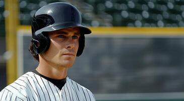 A baseball player in a black helmet stands in the right part of the frame in close-up. Copy space photo