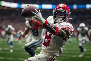 American football player in a red helmet and white uniform catches a ball during a football match in the arena photo