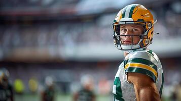 American football player in a yellow helmet and white uniform stands with his left side against the background of the stands. Copy space photo