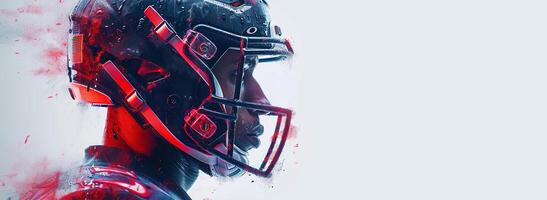 American football player stands sideways in a helmet with a red light behind his back. The effect of scattering into particles photo