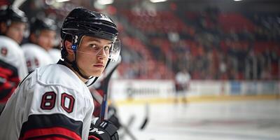 A hockey player in a black helmet and white jersey sits on the bench. Hockey arena in the background. Copy space photo