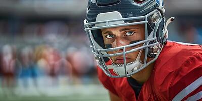 American football player in a gray helmet and red uniform at a match on the right side of the frame. There are bleachers in the background. Copy space photo