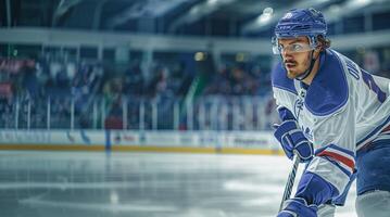 un hockey jugador en un azul y blanco uniforme y casco. él obras de teatro en el hockey arena. antecedentes con espacio para texto en el izquierda foto