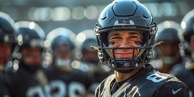 American football players in a black helmet and uniform are standing and smiling. Against the background of teammates. Copy space photo