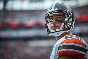 American football player stands and looks to the left. On the background of a grandstand with fans. Copy space photo