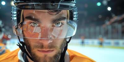 The face of a hockey player in a black helmet close-up on the right side of the frame. Copy space photo